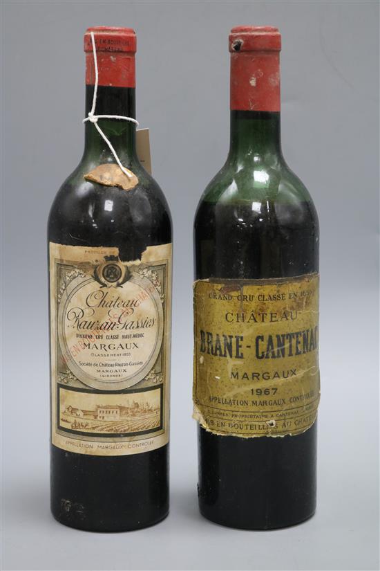 A bottle of Grand Cru Classe N1855 Chateau Blanc-Cantenac Margaux 1967 and a bottle of Chateau Rauzan Gassies Margau